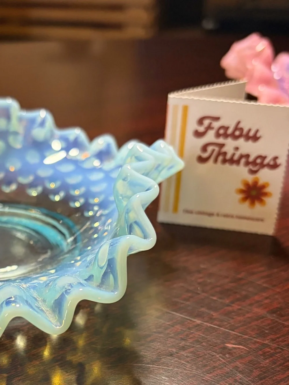 Vintage MCM (1940-69) Fenton Art Opalescent Aquamarine Hobnail Ruffled Dish